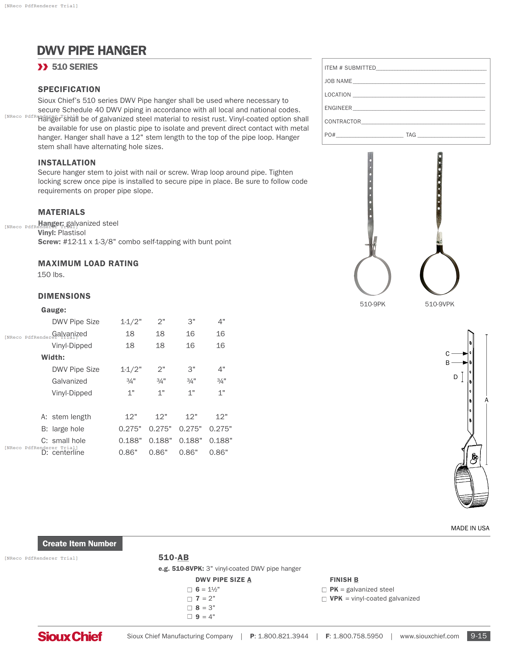 510 SERIES -  DWV HANGERS - SPEC SHEET.PDF Specification Document